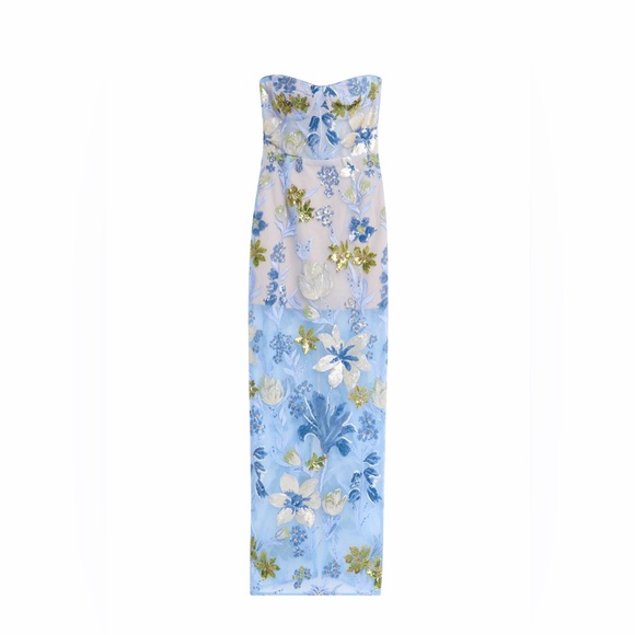 Bronx & Banco Dahlia Baby Blue Floral Column Sequin Multi Maxi Dress XS NWOT - Picture 2 of 6